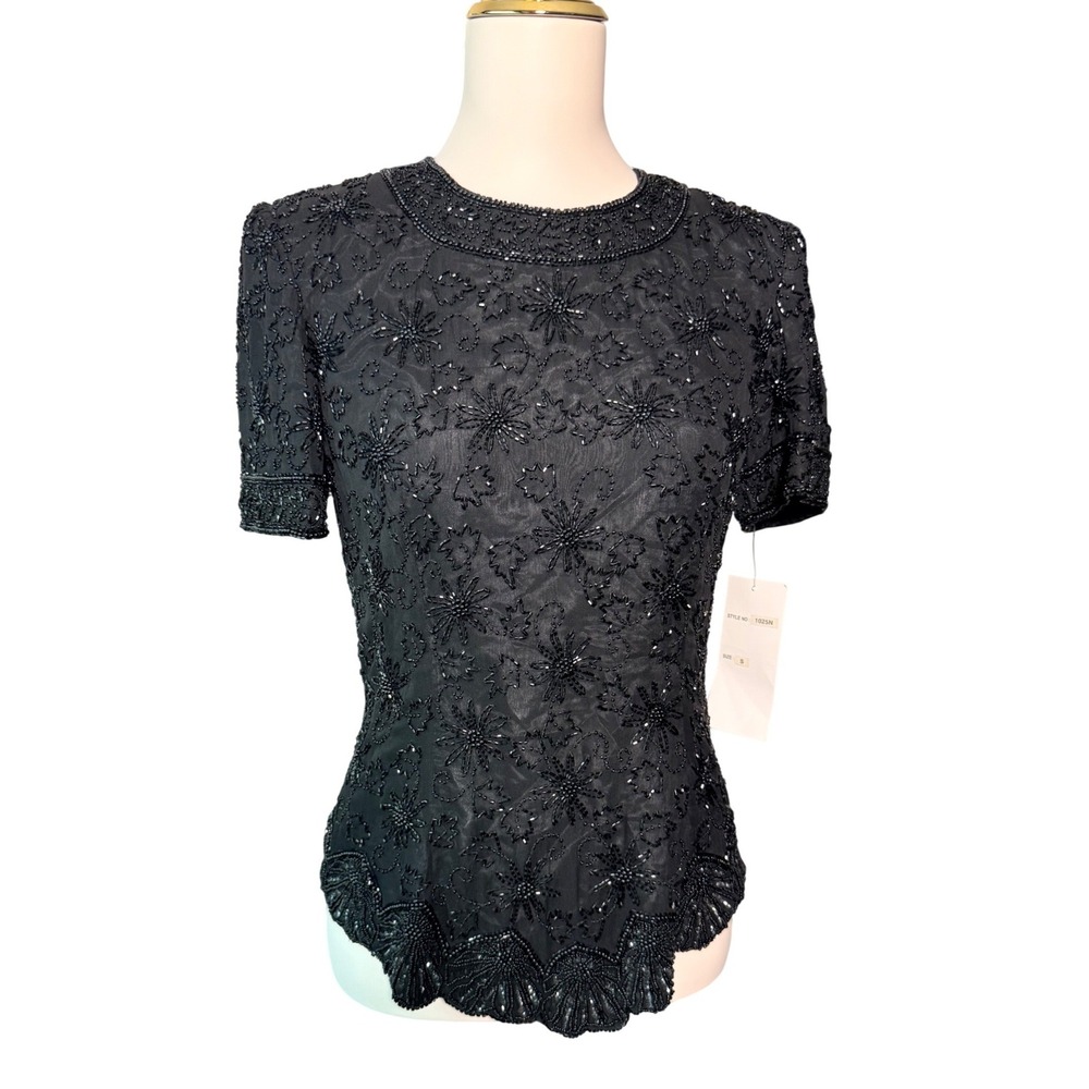 Vintage 90s Cristall Collection Silk Beaded Top S NWT Deadstock Black Sequin